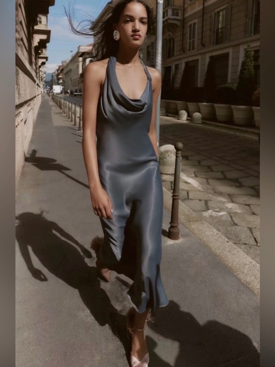 Zara Dresses & Skirts - Zara Satin Cowl-Neck Slip Dress in Steel Blue